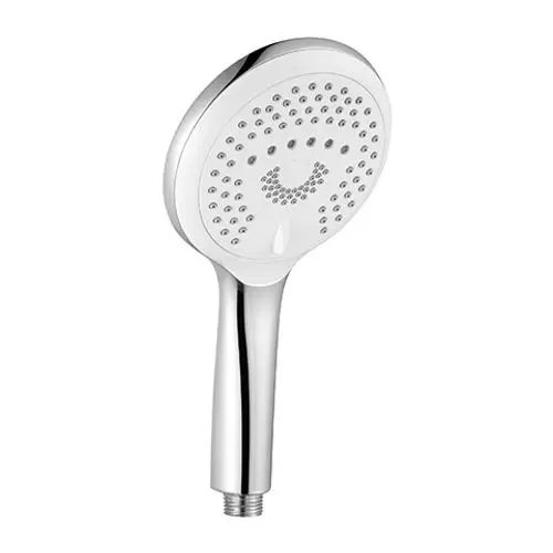 Handbrause in chrom mit runder, flacher Kopfplatte und mehreren Wasserstrahldüsen. Das Produkt stammt von Kludi und hat eine ergonomische Form für eine bequeme Handhabung.